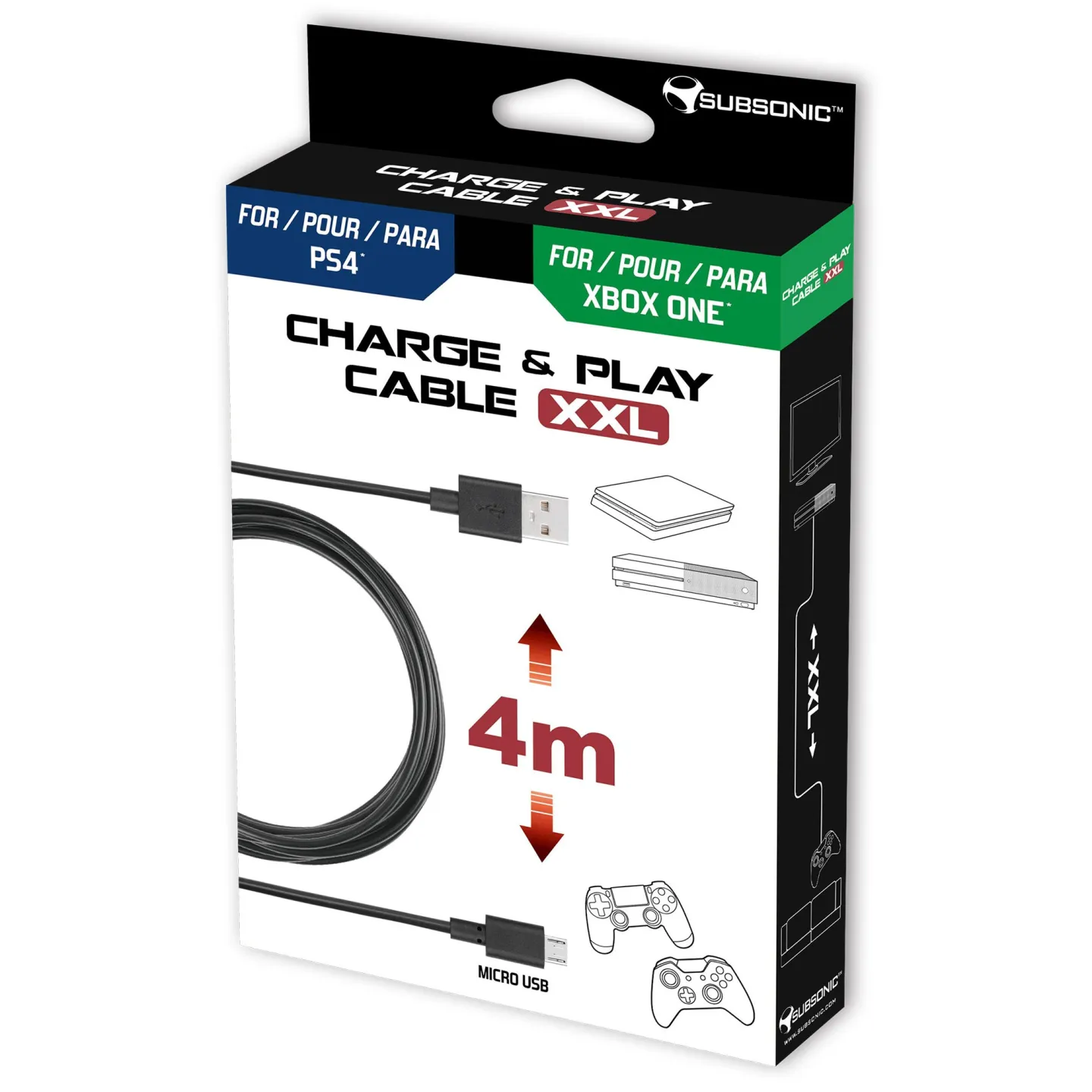 Câble de recharge micro-usb de 3 ètres pour manette PS4 | Subsonic